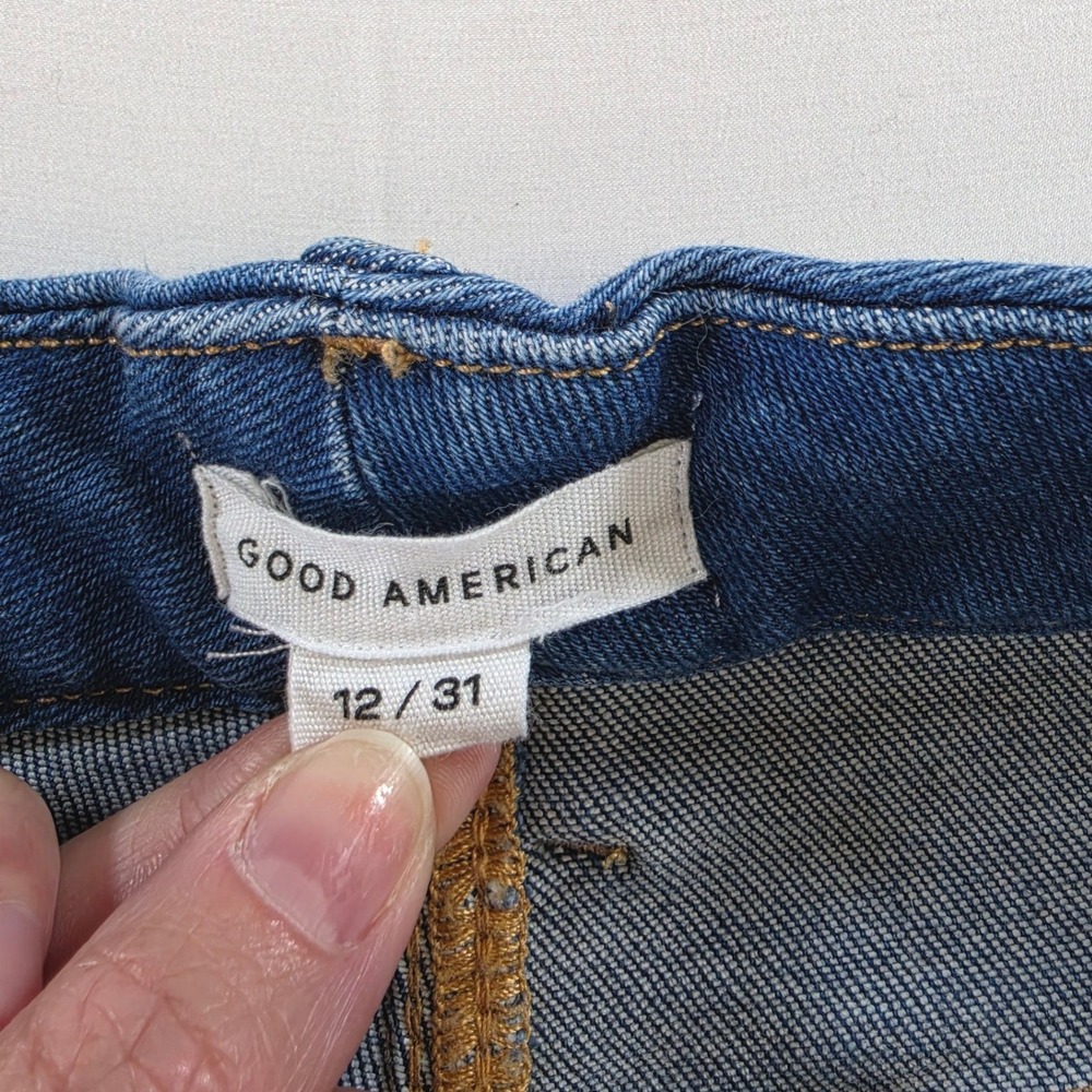 Good American 70s Flare High Rise Jeans 12 31 Distressed Modern Boho Blue - Picture 3 of 11